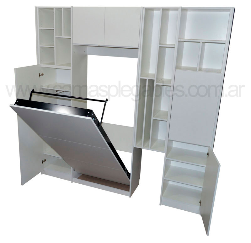 Mueble cama plegable rebatible en melamina blanca para colchón 1 plaza con módulo biblioteca 3