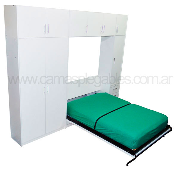 Mueble camas rebatible para 2 plaza con placard vestidor y cajoneras 3