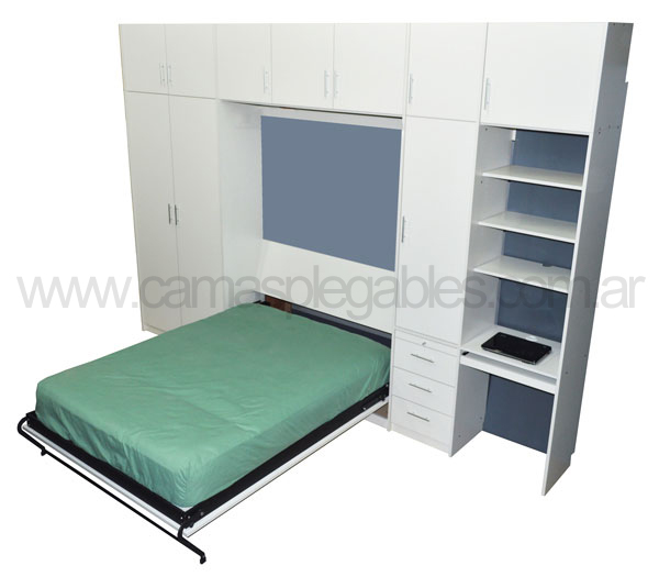Placard con cama rebatible plegable 2 plazas con escritorio cajoneras estantes-006