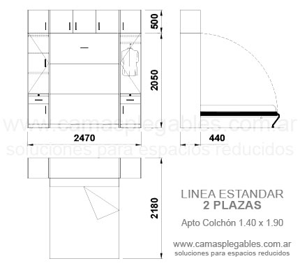 Placard completo con módulos laterales y baulera superior con cama rebatible incorporada 2 plazas -  Apto para colchón 1.40 x 1.90