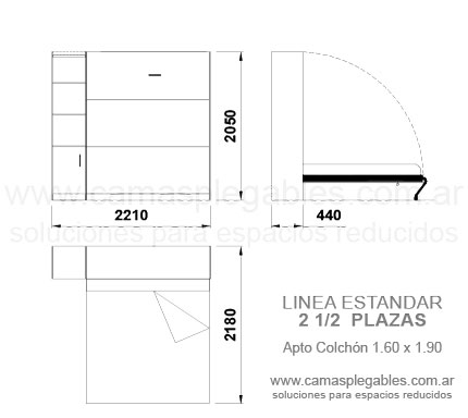 Mueble cama 2 1/2 plazas rebatible simple con módulo lateral apto para colchón 1.60 x 1.90
