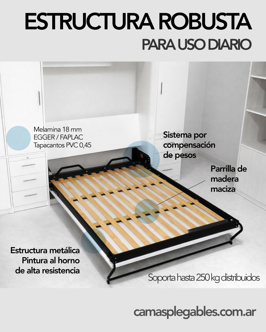 Detalle de estructura metálica y parrilla de madera maciza de cama rebatible
