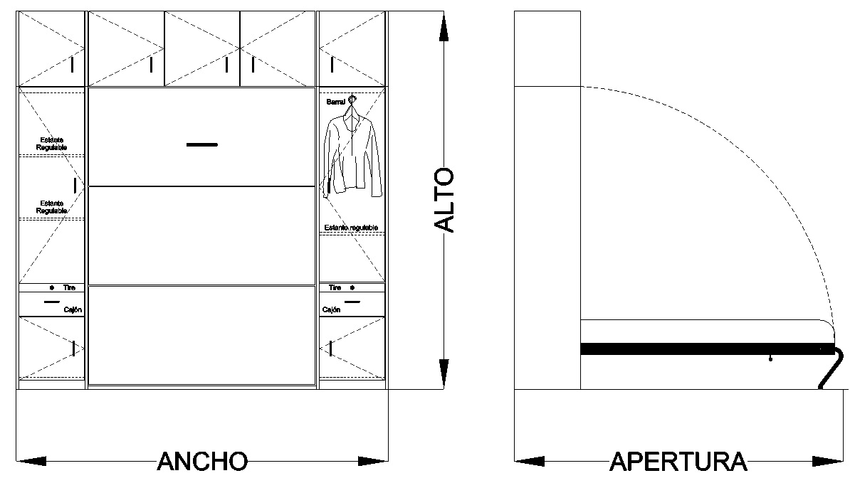 Medidas de placard estándar con cama rebatible vertical, módulos laterales y baulera